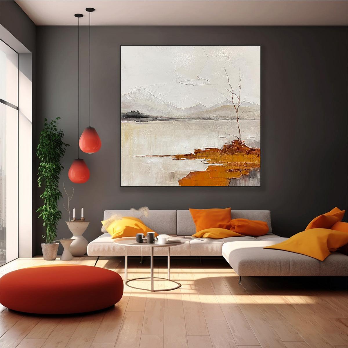 SERENE WATERS: Minimalist Landscape Painting in White, Grey, and Orange, Square Canvas Wall Art