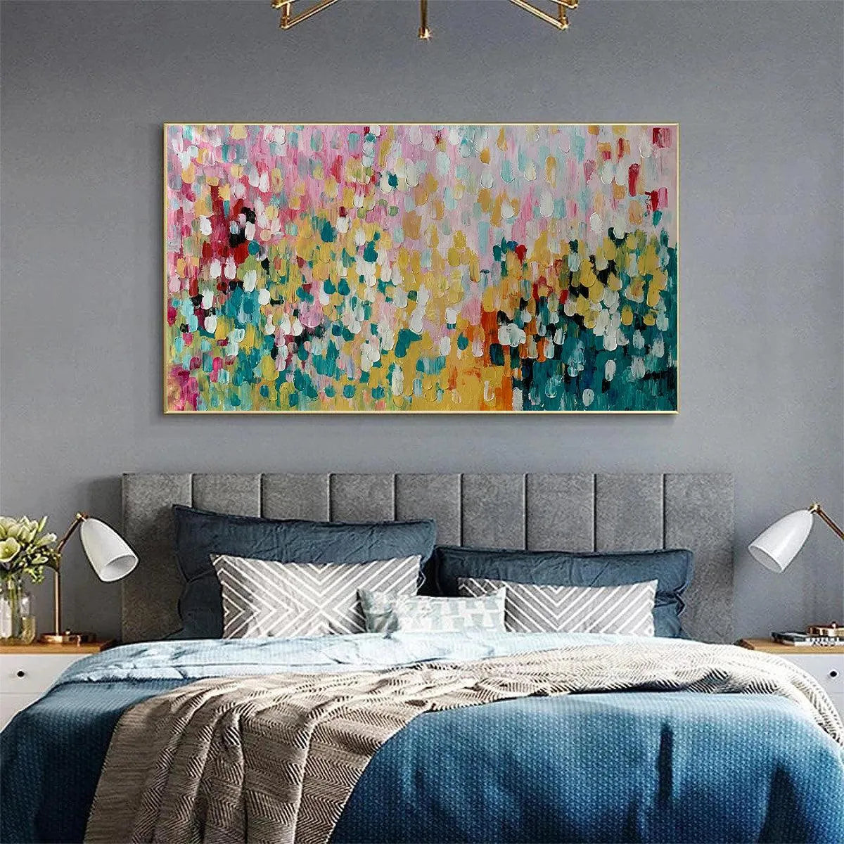 CONFETTI GARDEN: Abstract Floral Painting in Pink, Yellow, and Teal, Panoramic Canvas, Modern Wall Art