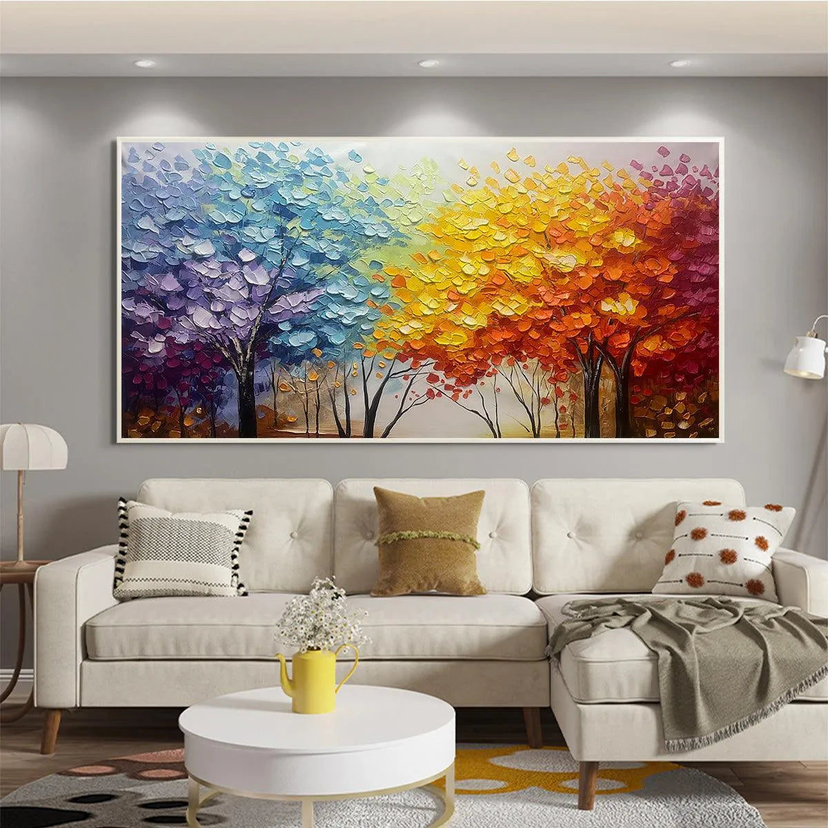 AUTUMN RAINBOW: Panoramic Tree Painting in Vibrant Colors, Textured Canvas, Modern Wall Art