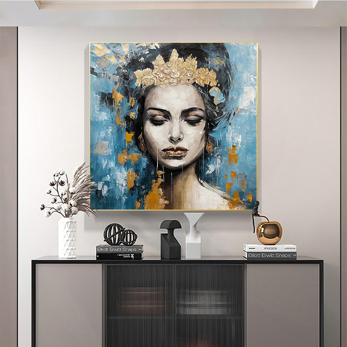 GOLDEN MUSE: Portrait Painting in Blue and Gold, Square Canvas, Modern Figurative Wall Art