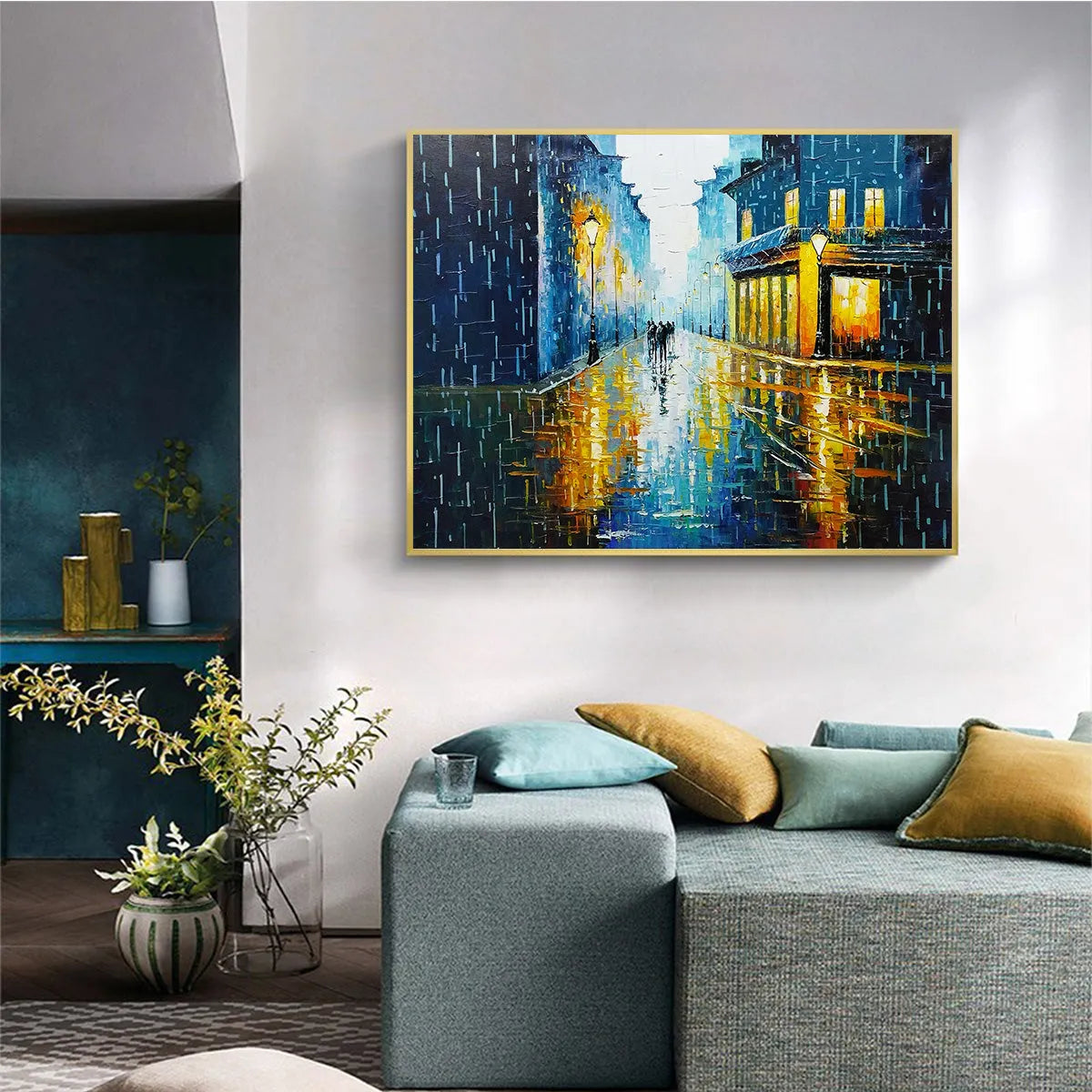 RAINY NIGHT IN PARIS: Textured Cityscape Painting, Rainy Street Scene, Blue, Living Room, Dining Room, Office