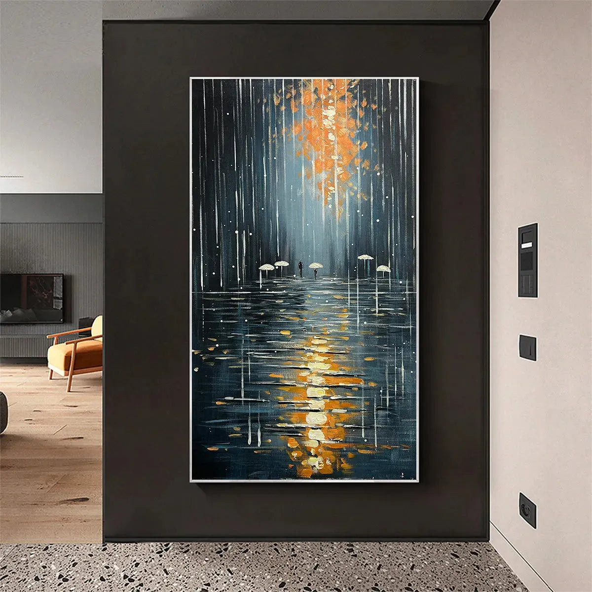 RAINY DAY REFLECTIONS: Vertical Painting of a Rainy City Street, Minimalist Figures, Modern Wall Art, Blue and Gold