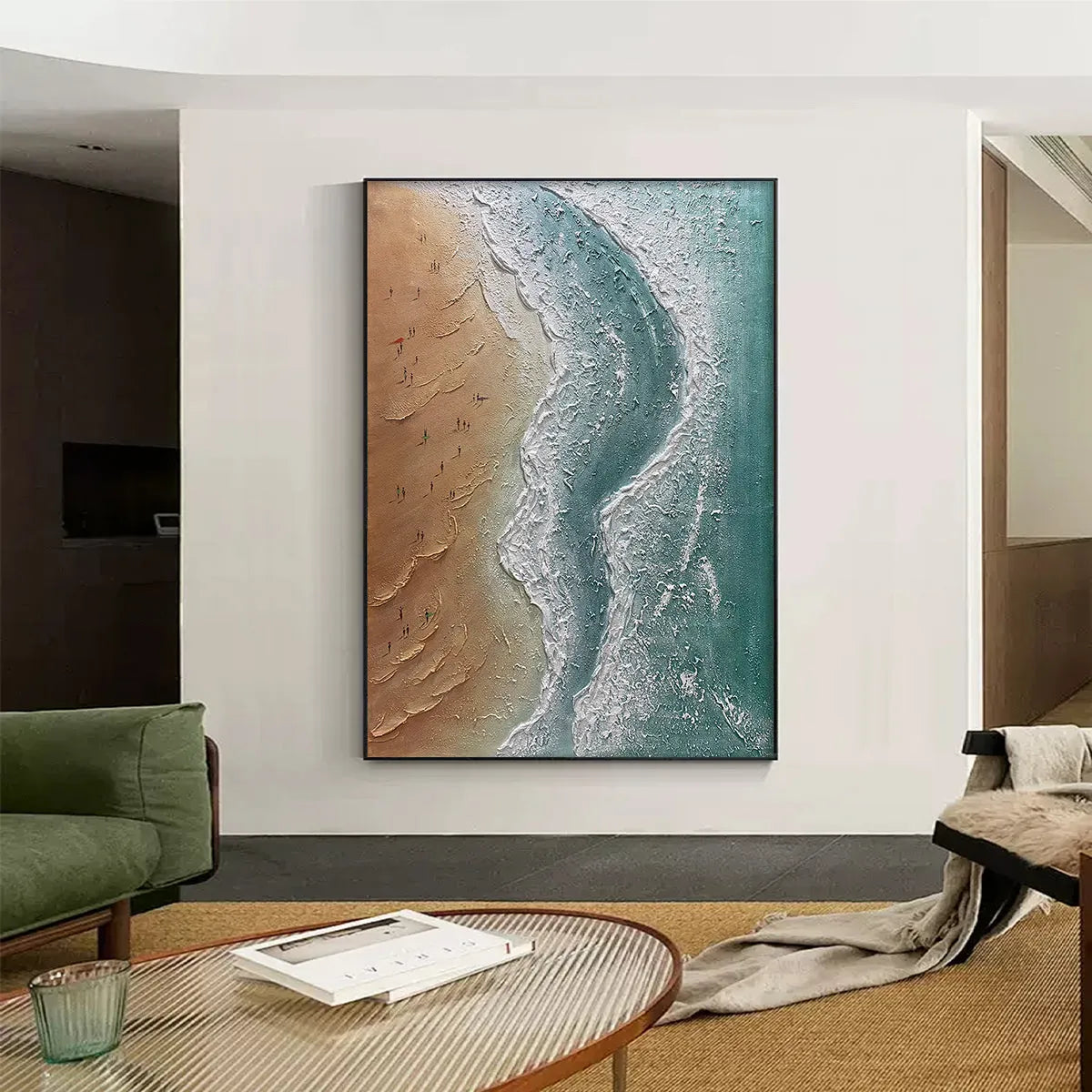 COASTAL SERENITY: Textured Beach Painting, Ocean View, Beige, Blue, Living Room, Bedroom