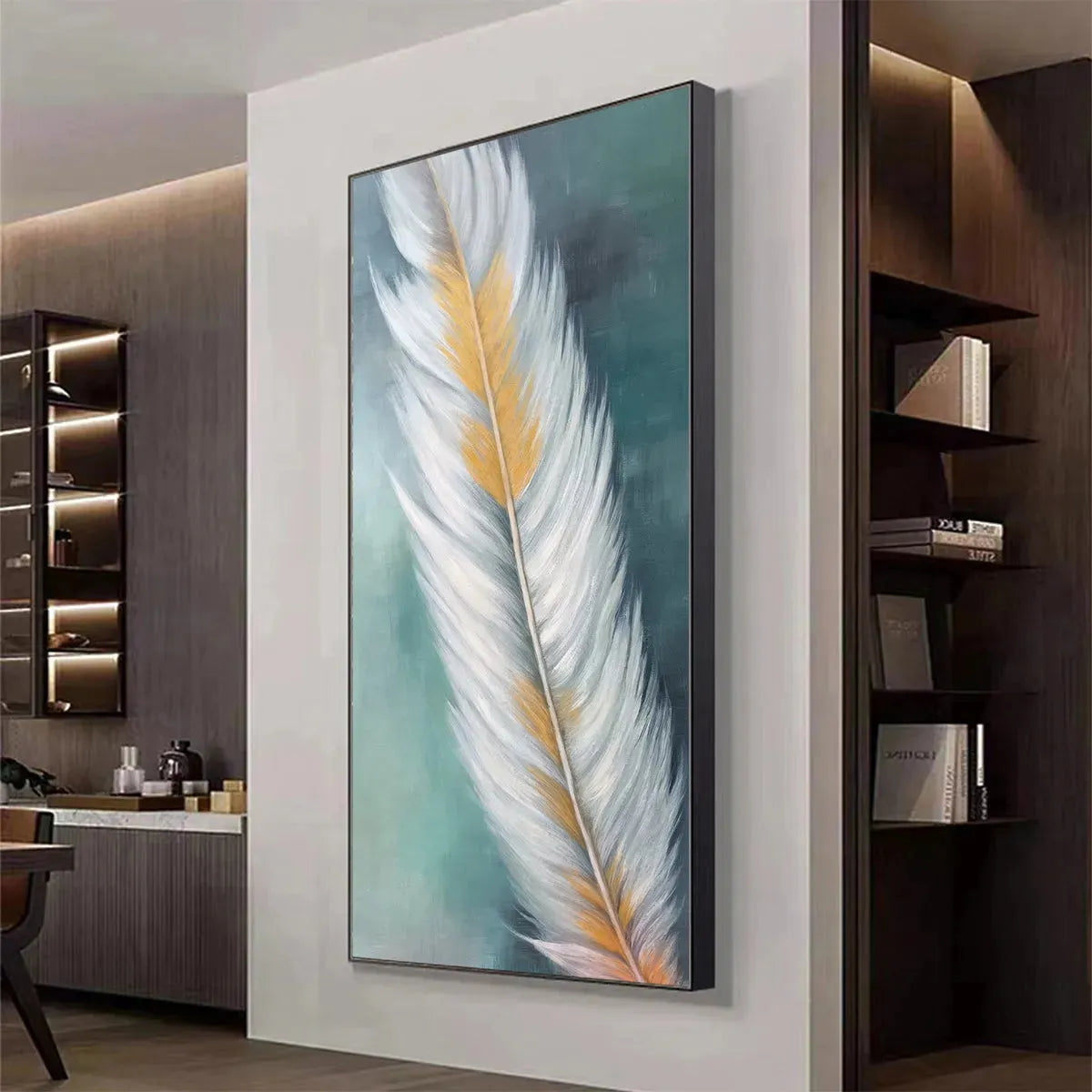 GOLDEN QUILL: White and Gold Feather Painting, Green Background Wall Art, Vertical Canvas, Minimalist Decor