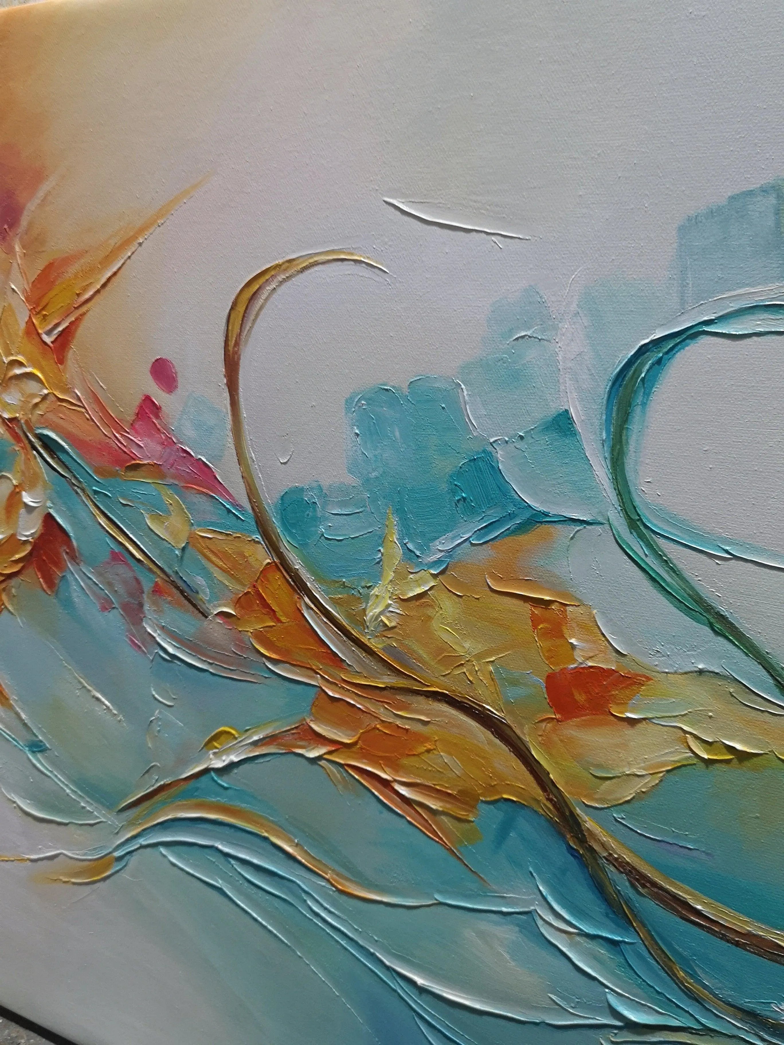 SERENE DAWN: Panoramic Abstract Teal and Gold Oil Painting