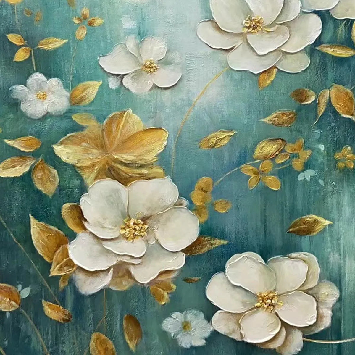 GOLDEN GARDEN: White and Gold Floral Painting, Teal Green Background Wall Art, Horizontal Canvas, Impressionist Decor