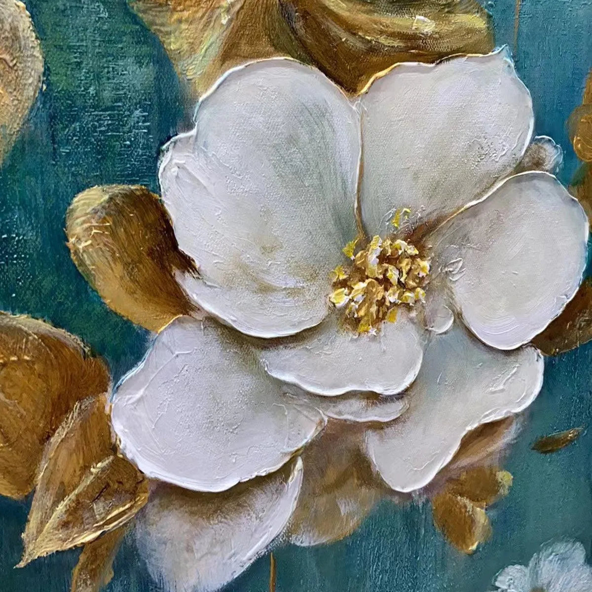 GOLDEN GARDEN: White and Gold Floral Painting, Teal Green Background Wall Art, Horizontal Canvas, Impressionist Decor