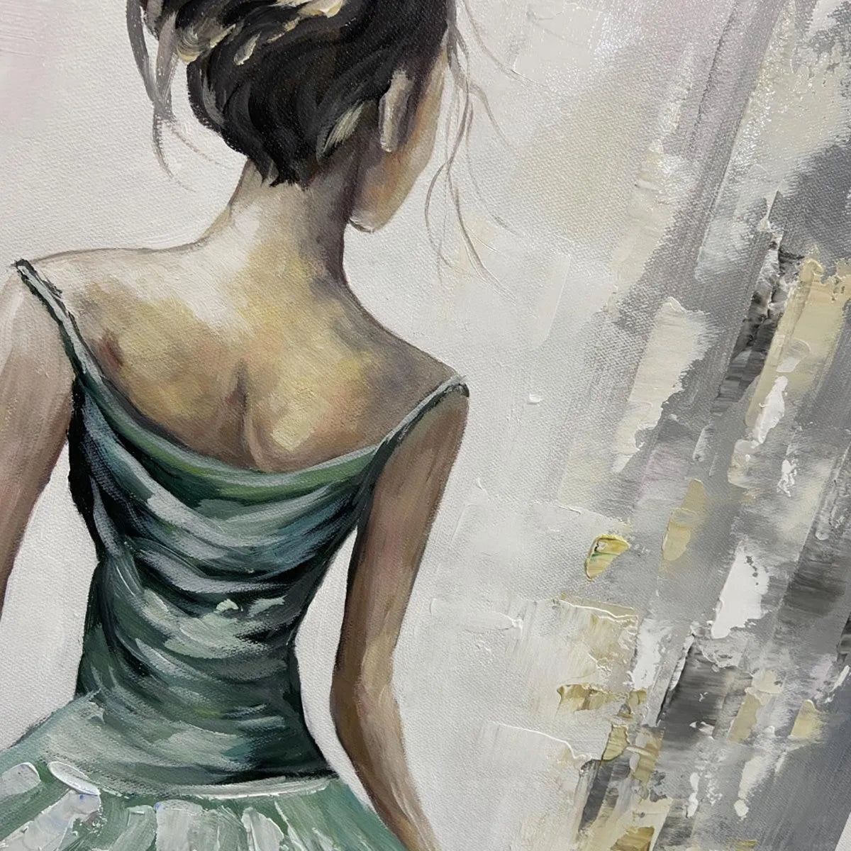 EMERALD GRACE: Elegant Woman in Green Dress, Vertical Canvas, Figurative Wall Art