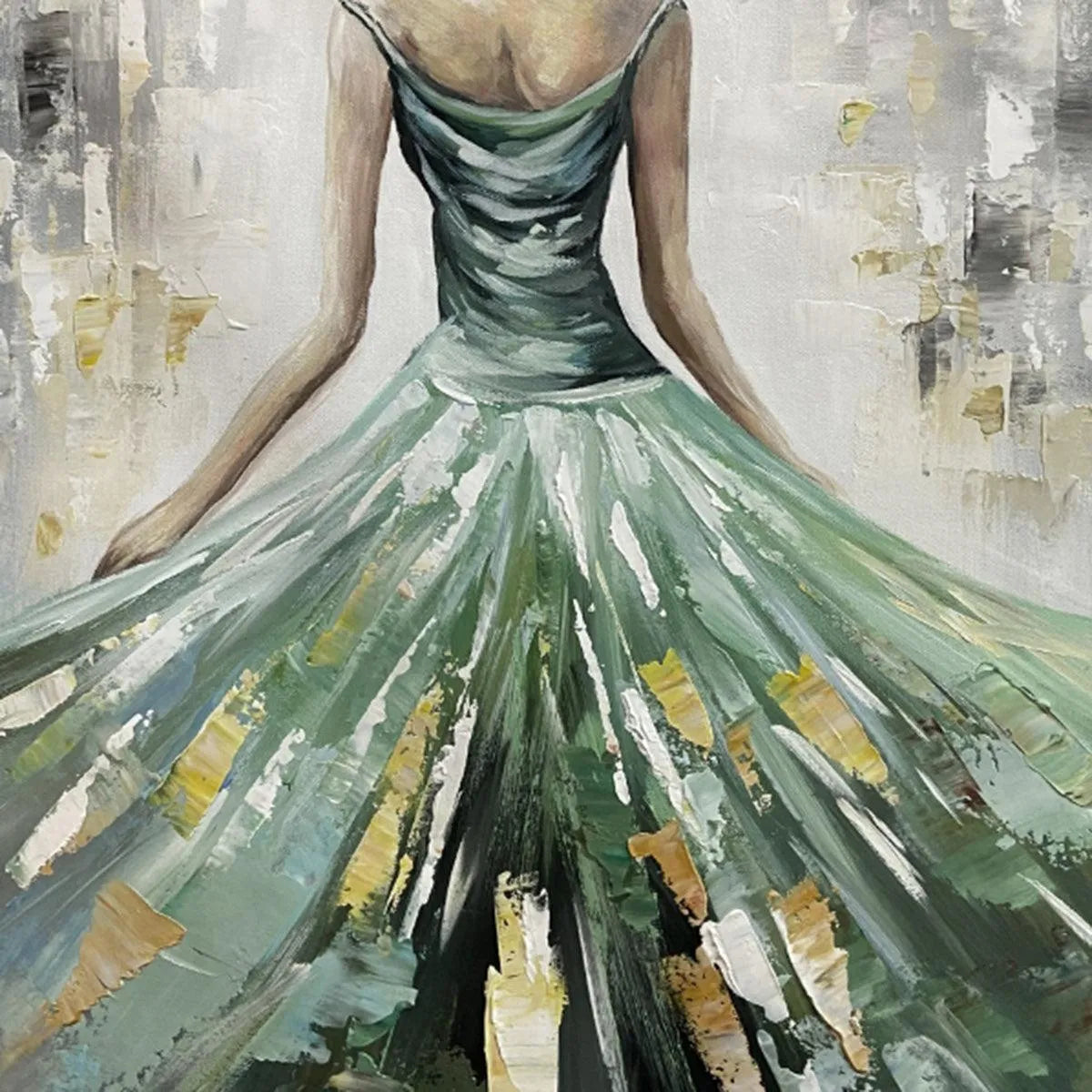 EMERALD GRACE: Elegant Woman in Green Dress, Vertical Canvas, Figurative Wall Art