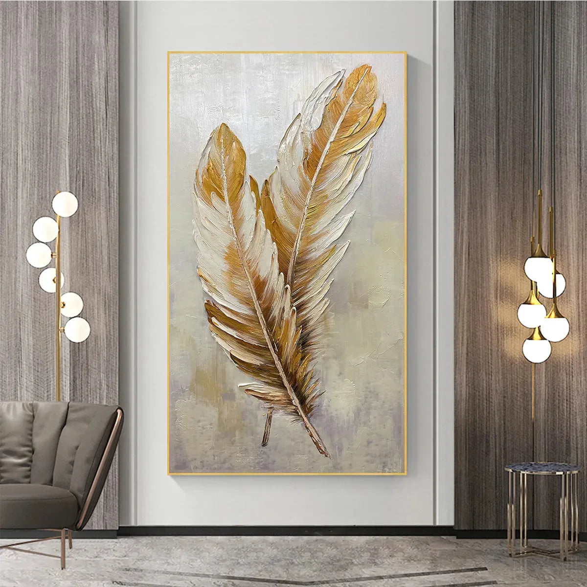 GOLDEN GRACE: Vertical Painting of Golden Feathers, Textured Impasto, Modern Wall Art