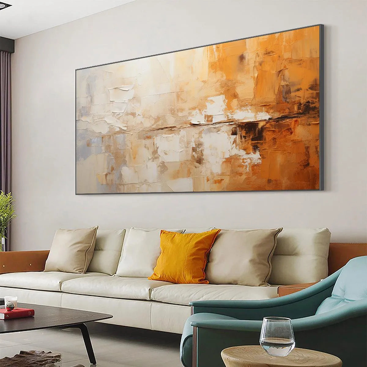 DESERT DUSK: Panoramic Abstract Painting in Orange and Beige, Textured Canvas, Modern Wall Art