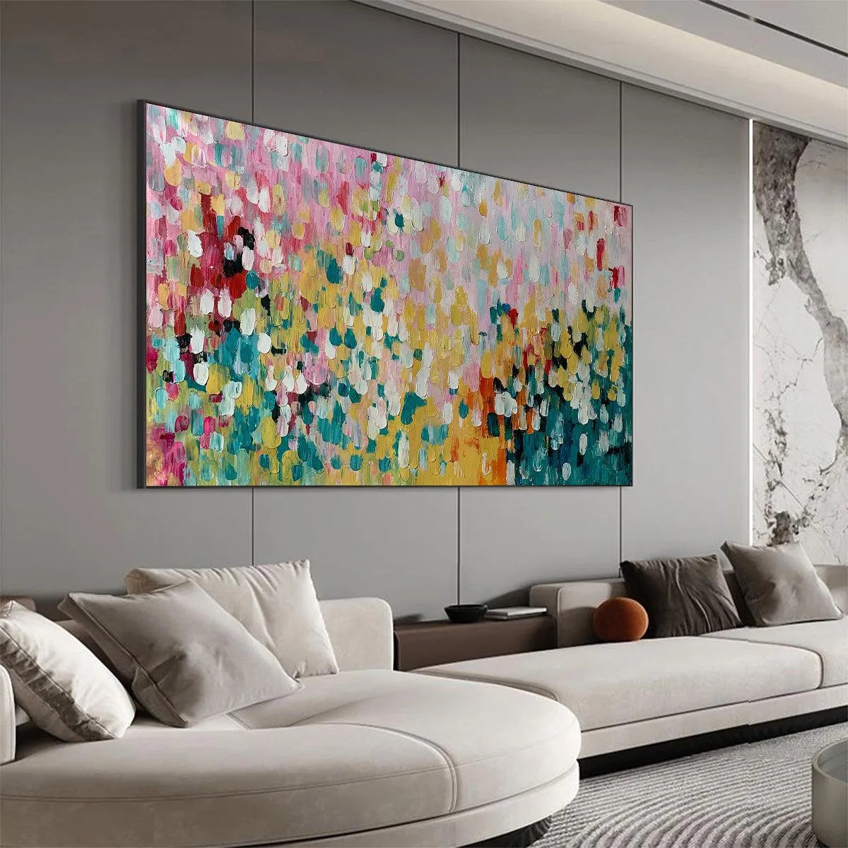 CONFETTI GARDEN: Abstract Floral Painting in Pink, Yellow, and Teal, Panoramic Canvas, Modern Wall Art