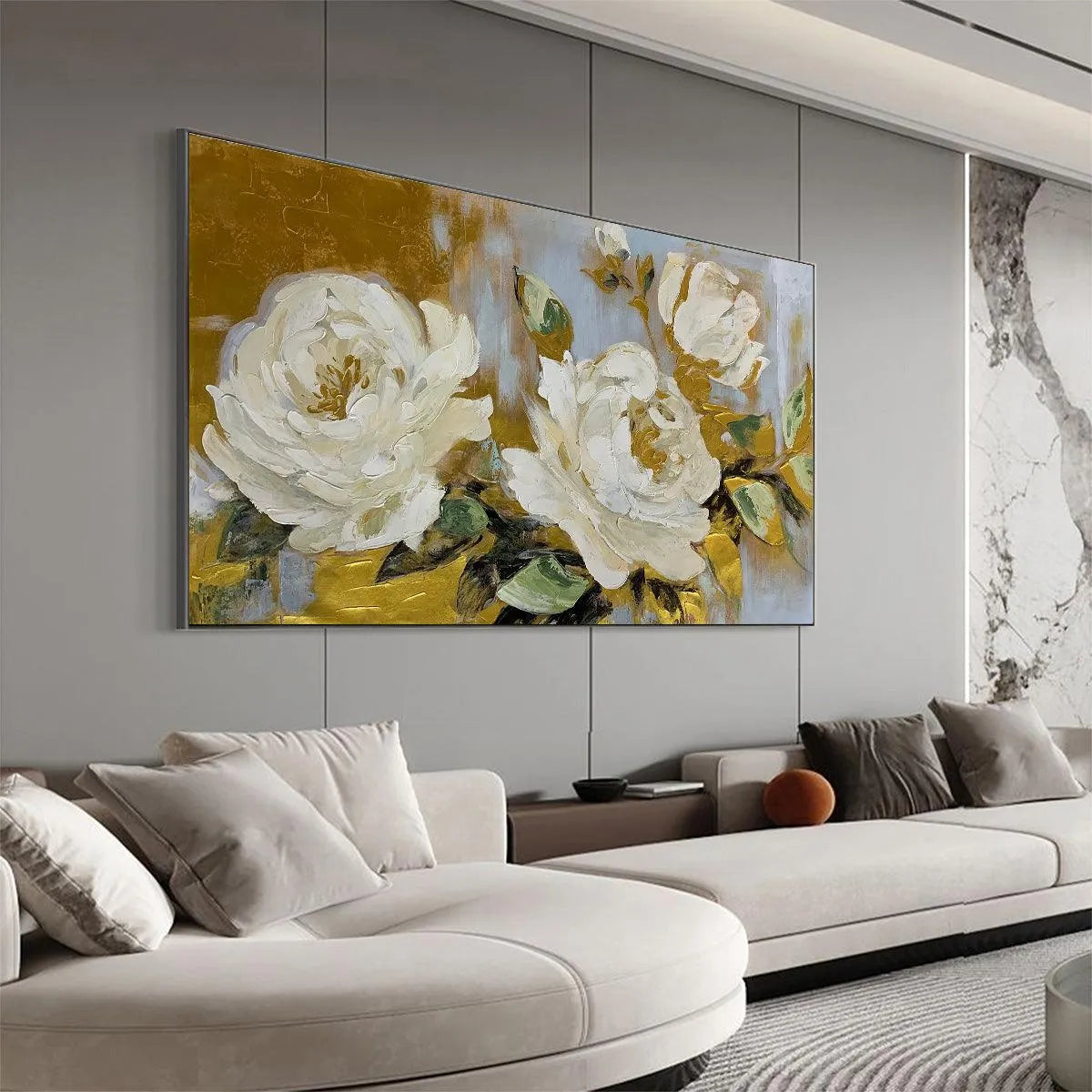 GOLDEN WHISPERS: White Floral Painting with Gold Accents, Panoramic Canvas, Elegant Wall Art for Living Room or Bedroom