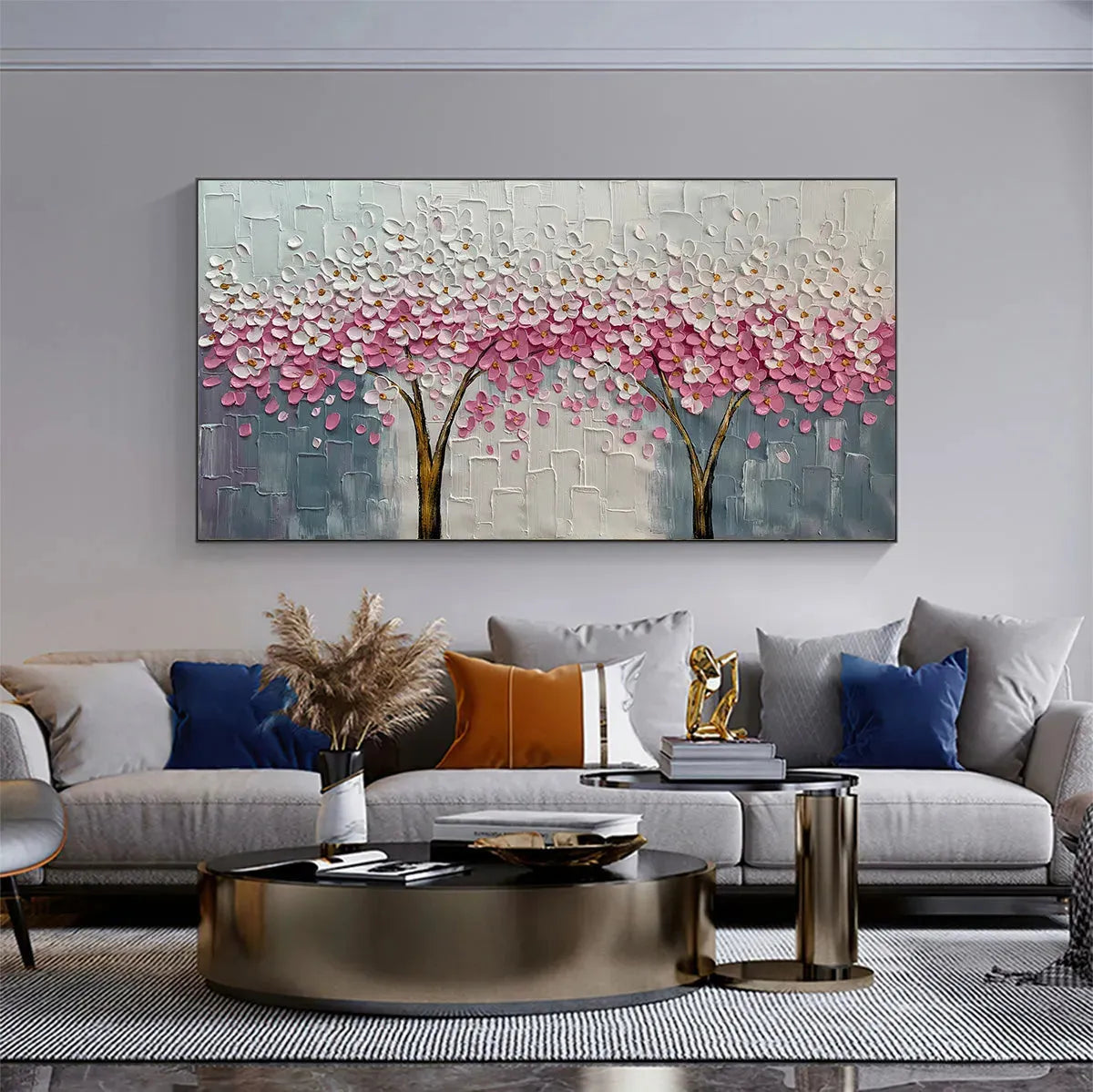 SPRING BLOSSOM: Panoramic Cherry Blossom Painting in Pink and White, Textured Impasto, Modern Wall Art