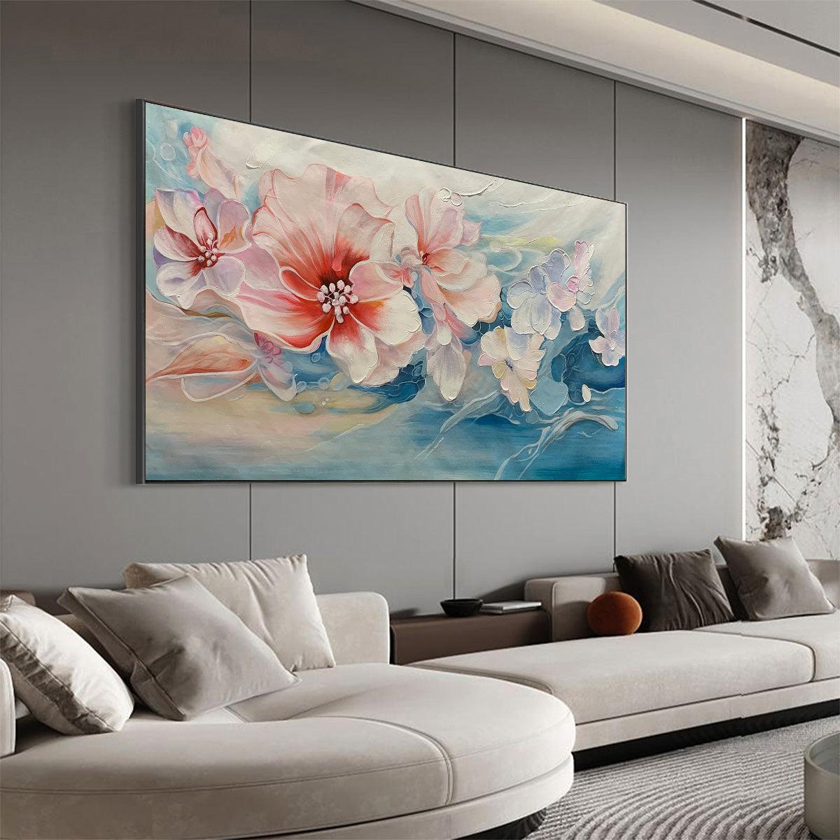 BLUSHING BLOOMS: Panoramic Floral Painting in Pink and Blue, Modern Impressionist Wall Art