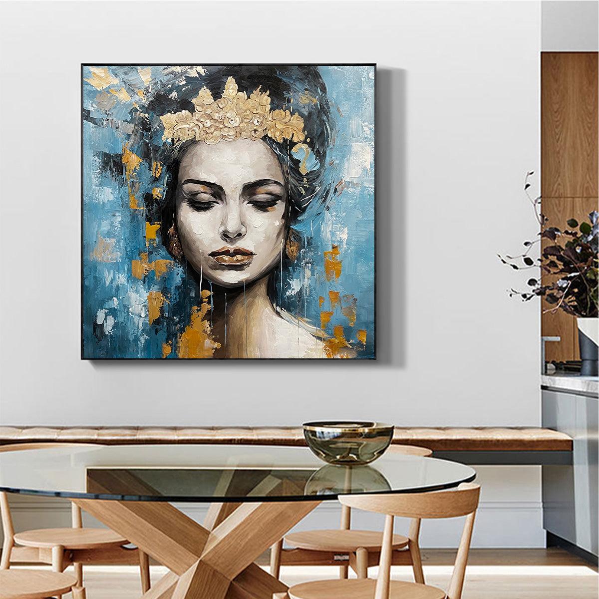 GOLDEN MUSE: Portrait Painting in Blue and Gold, Square Canvas, Modern Figurative Wall Art