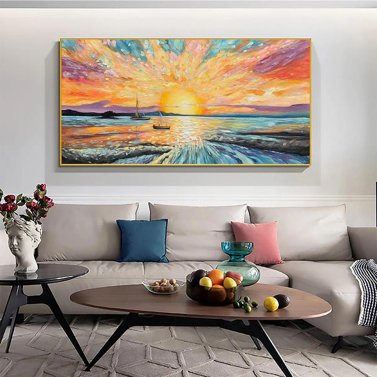 SAILING AT SUNSET: Vibrant Seascape Painting, Panoramic Canvas, Coastal Wall Art