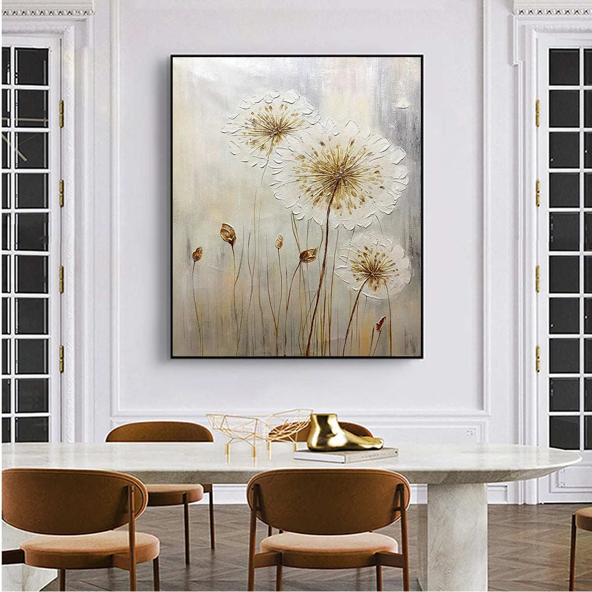 WHISPERS OF GOLD: Textured Dandelion Painting on Vertical Canvas