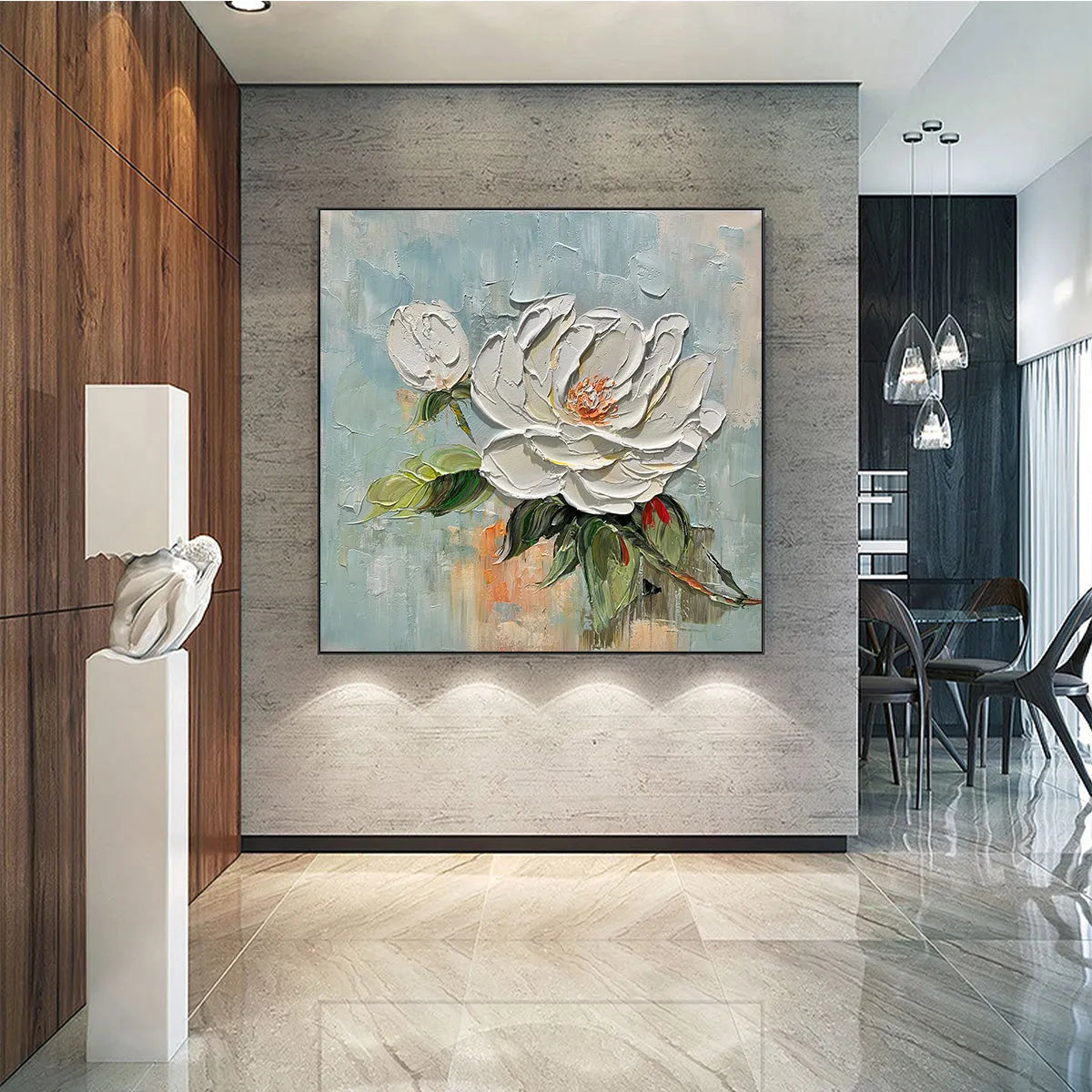 BLOSSOM'S GRACE: Textured Impasto Magnolia Painting on Square Canvas