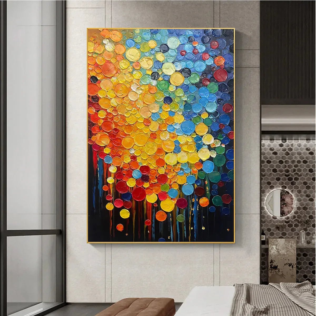 RAINBOW DROPS: Vertical Abstract Painting with Colorful Circles, Textured Impasto, Modern Wall Art