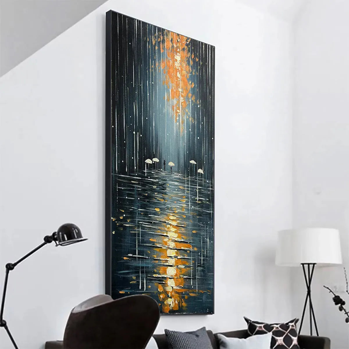 RAINY DAY REFLECTIONS: Vertical Painting of a Rainy City Street, Minimalist Figures, Modern Wall Art, Blue and Gold