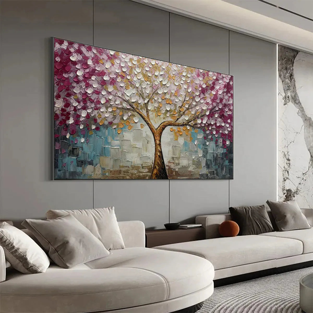 CHERRY BLOSSOM DREAM: Panoramic Textured Impasto Painting of a Cherry Blossom Tree, Modern Wall Art, Pink and Gold