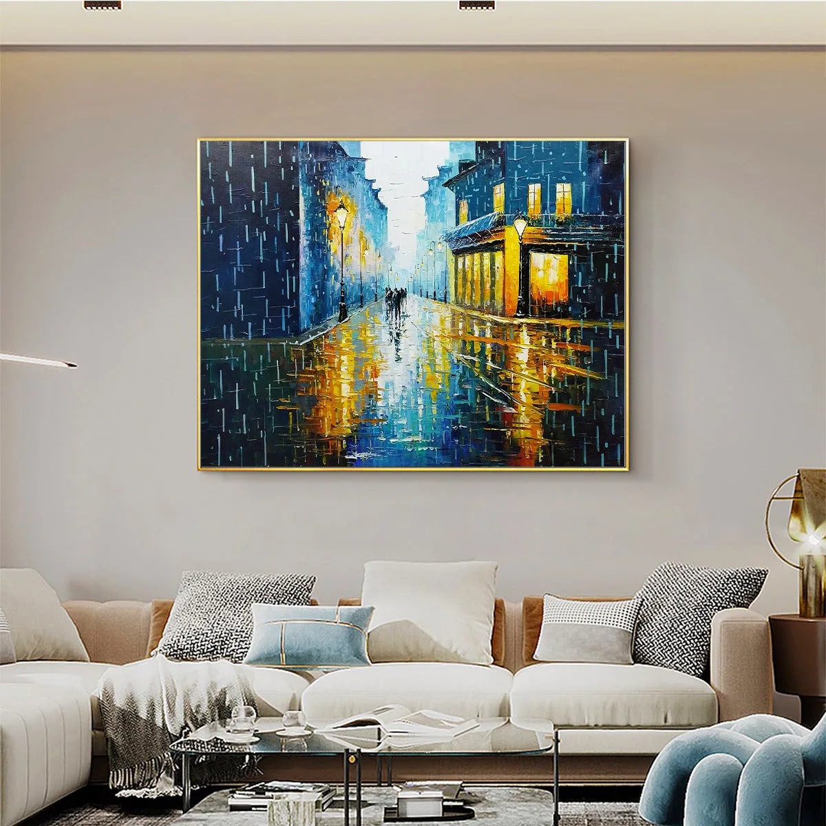 RAINY NIGHT IN PARIS: Textured Cityscape Painting, Rainy Street Scene, Blue, Living Room, Dining Room, Office