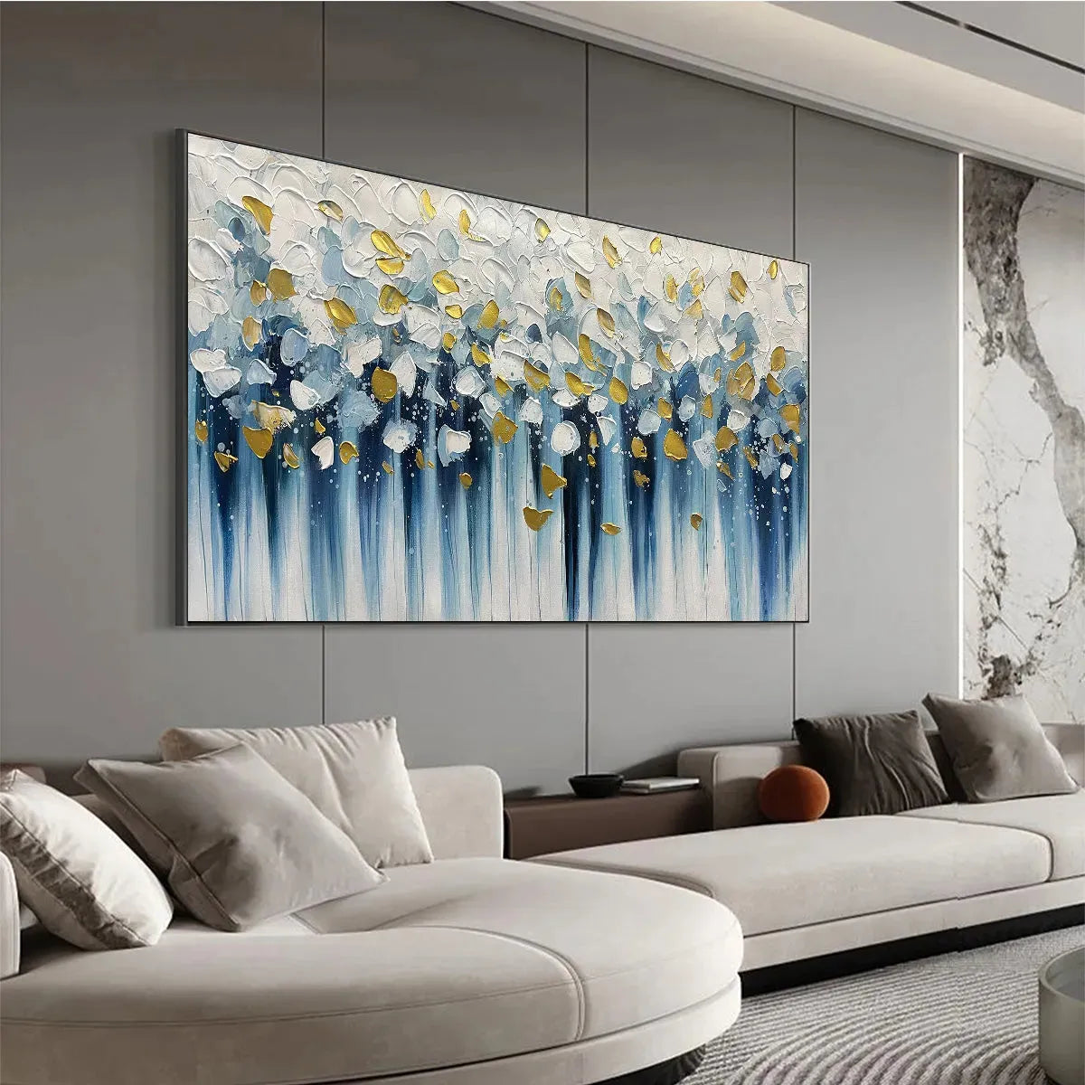 GOLDEN FALLS: Abstract Painting in Blue and Gold, Textured Canvas, Modern Wall Art