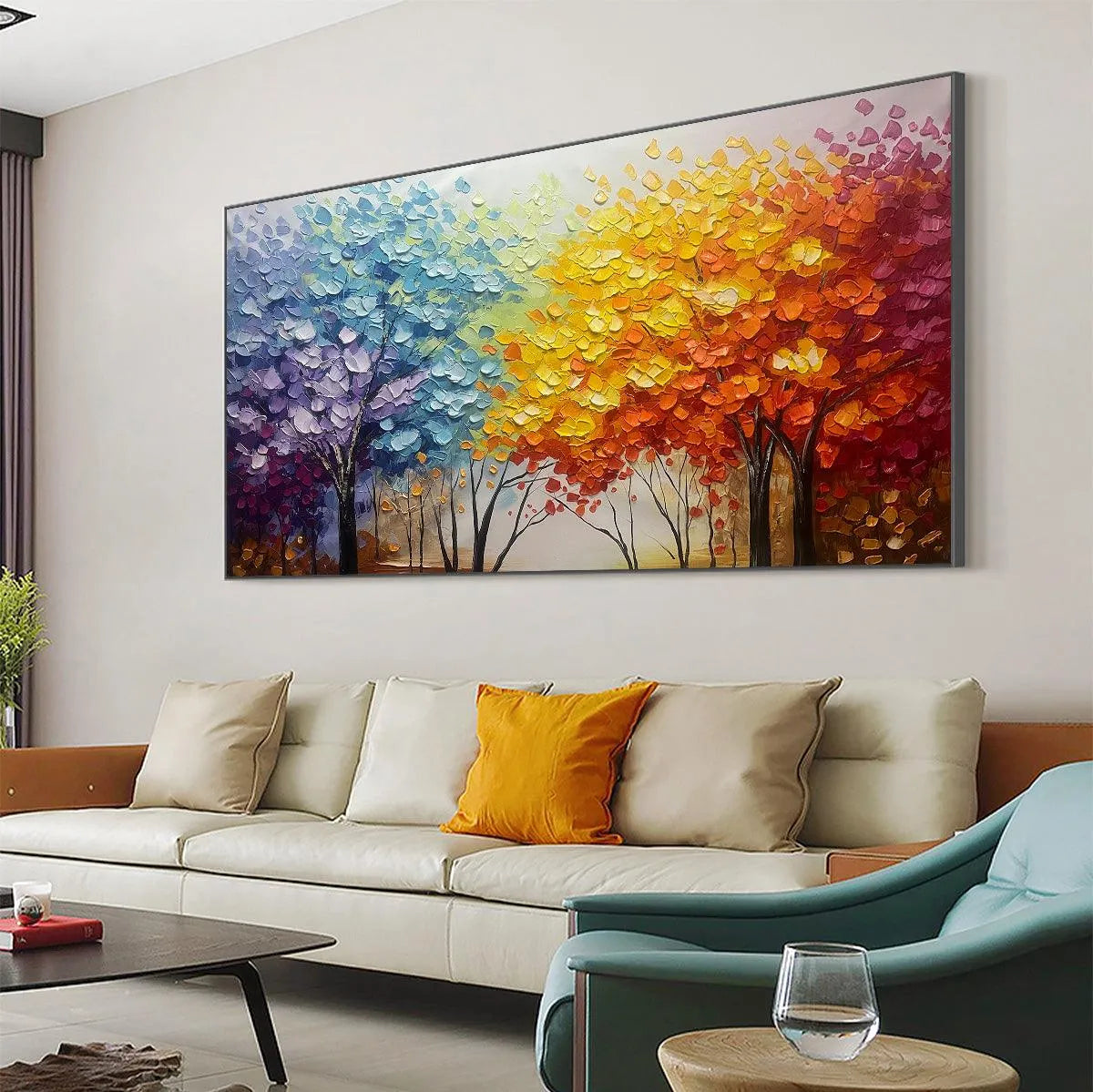 AUTUMN RAINBOW: Panoramic Tree Painting in Vibrant Colors, Textured Canvas, Modern Wall Art