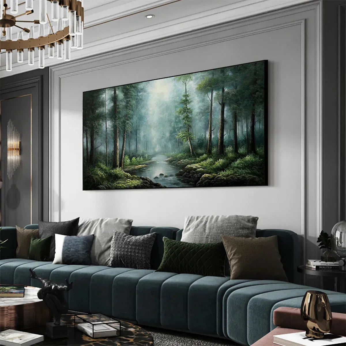 FOREST PATH: Panoramic Forest Painting with Stream, Misty Landscape, Canvas Wall Art