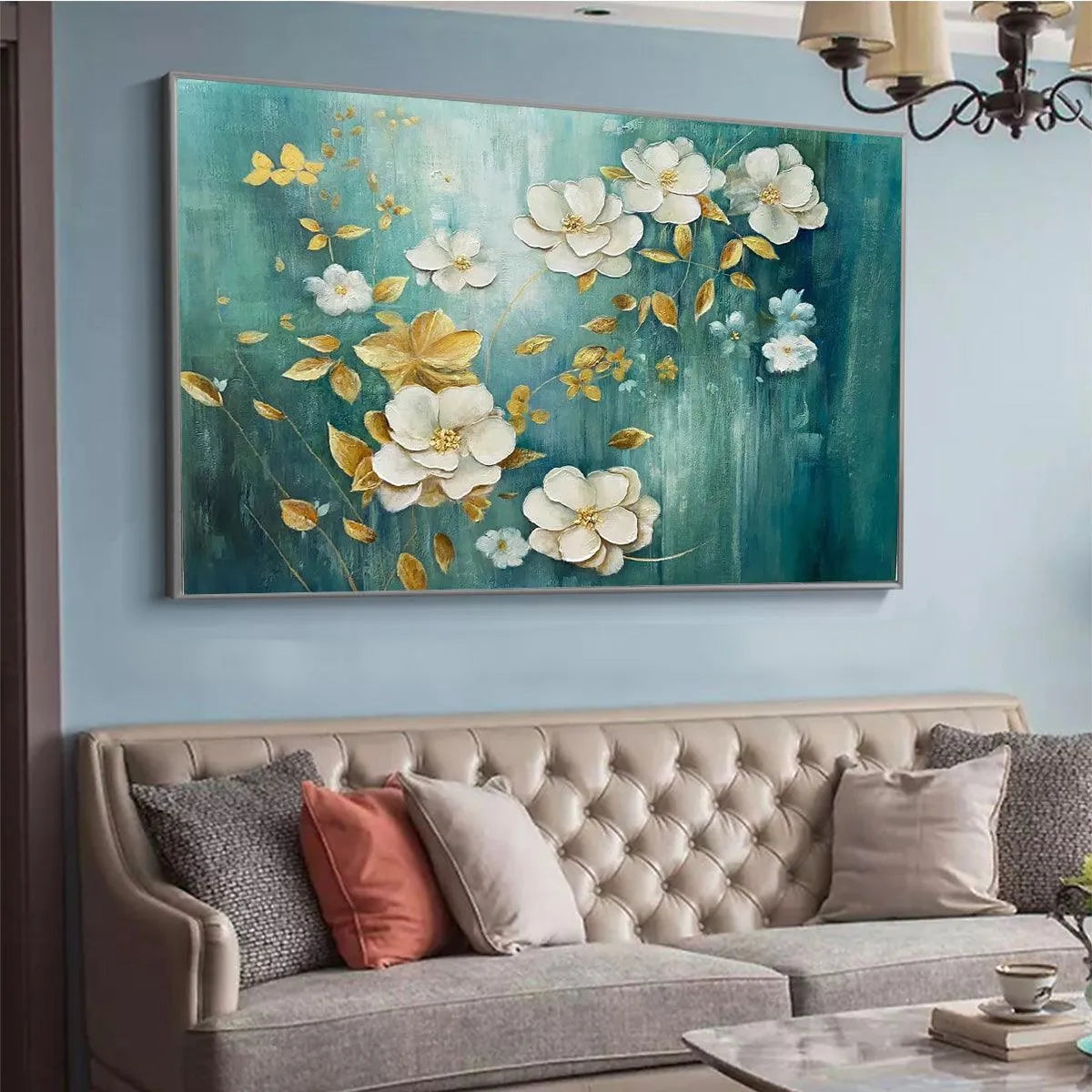 GOLDEN GARDEN: White and Gold Floral Painting, Teal Green Background Wall Art, Horizontal Canvas, Impressionist Decor