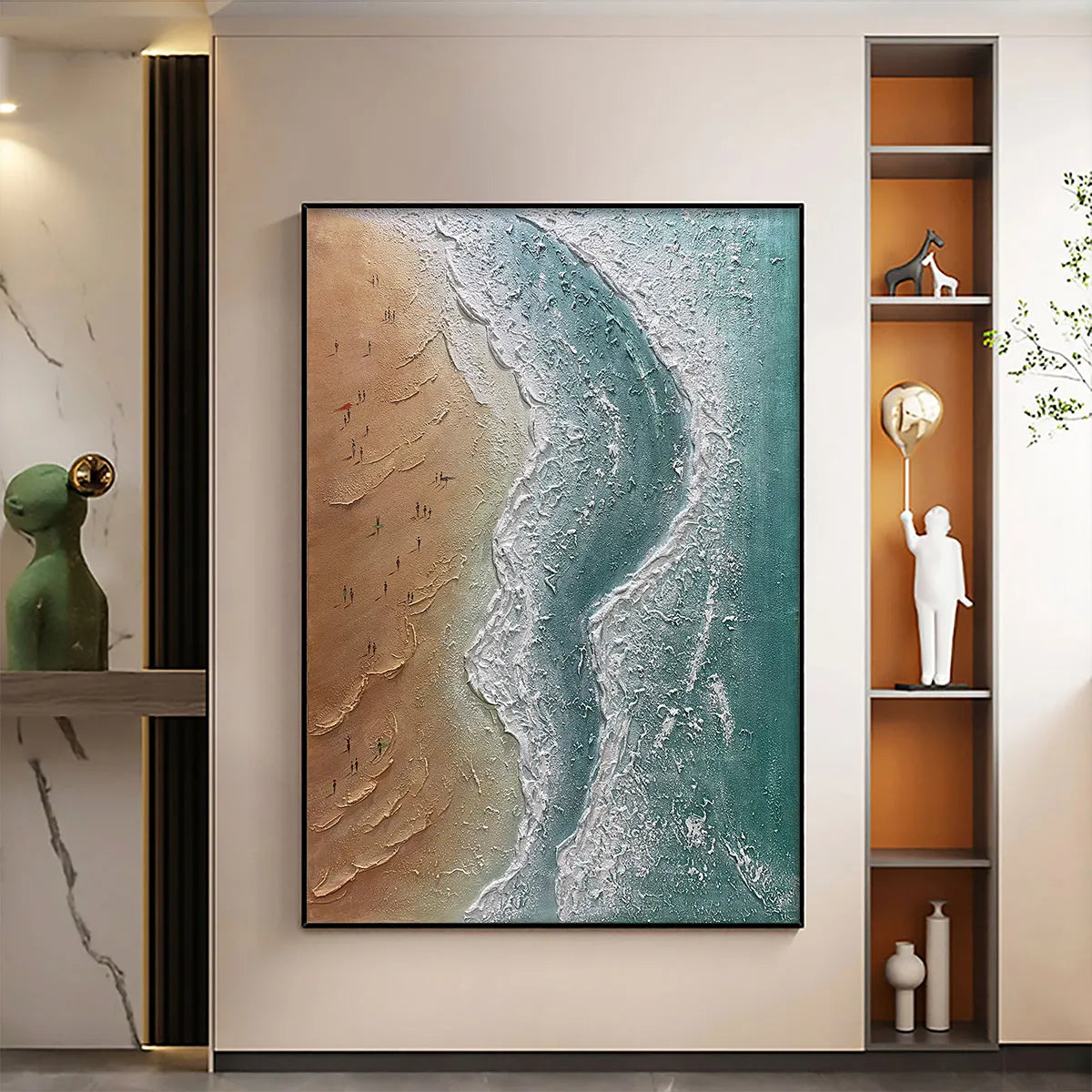 COASTAL SERENITY: Textured Beach Painting, Ocean View, Beige, Blue, Living Room, Bedroom