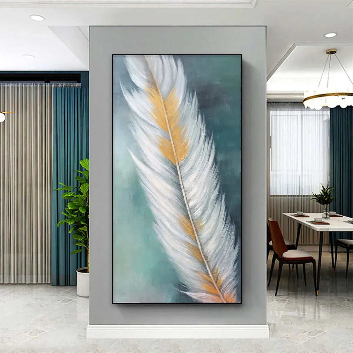 GOLDEN QUILL: White and Gold Feather Painting, Green Background Wall Art, Vertical Canvas, Minimalist Decor