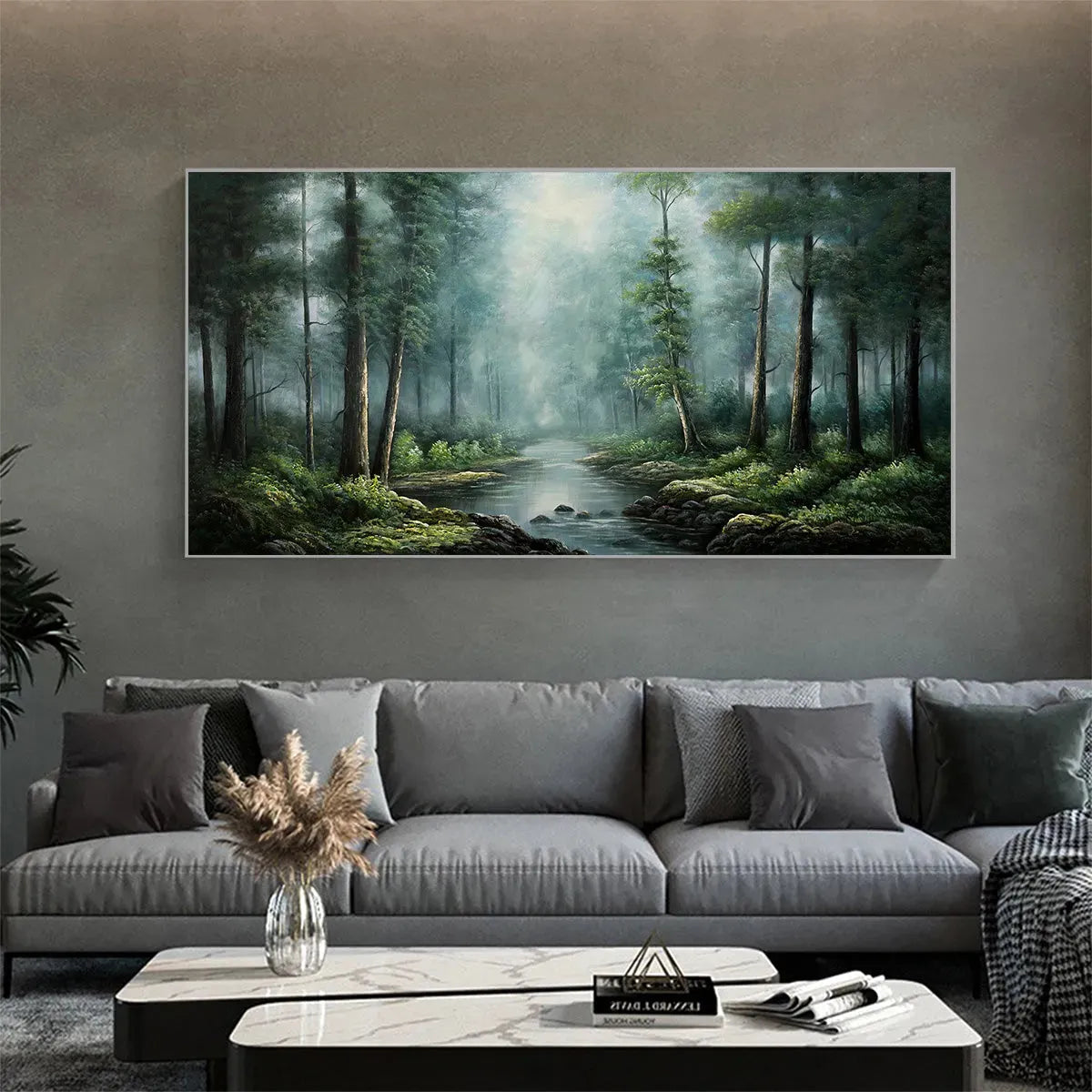 FOREST PATH: Panoramic Forest Painting with Stream, Misty Landscape, Canvas Wall Art