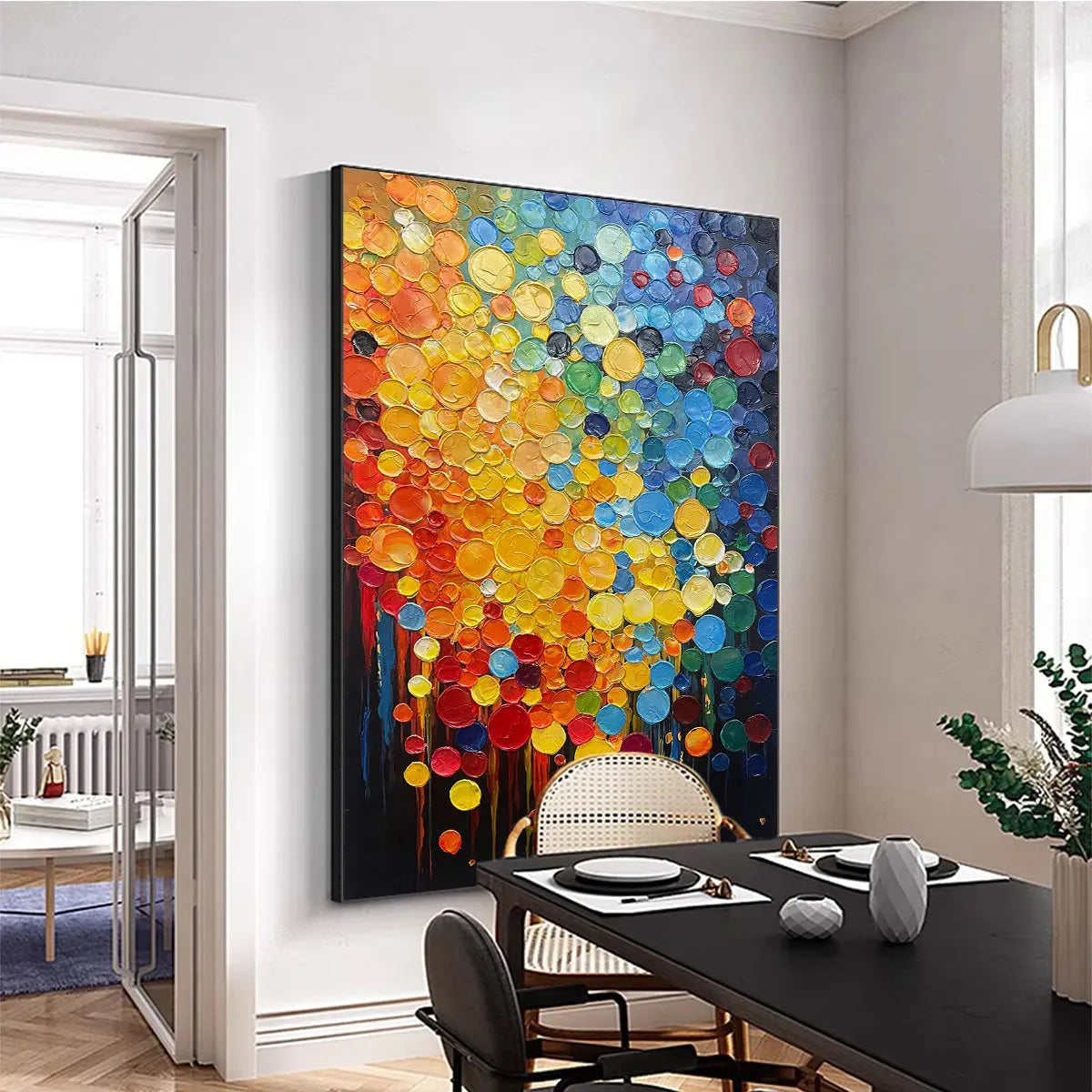 RAINBOW DROPS: Vertical Abstract Painting with Colorful Circles, Textured Impasto, Modern Wall Art