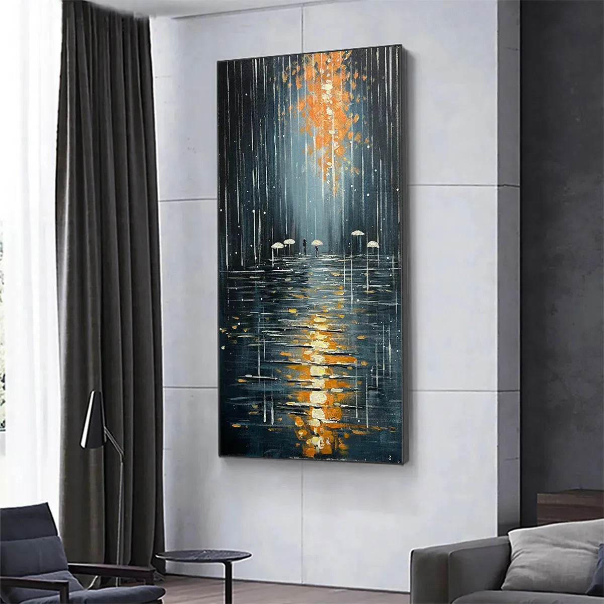 RAINY DAY REFLECTIONS: Vertical Painting of a Rainy City Street, Minimalist Figures, Modern Wall Art, Blue and Gold