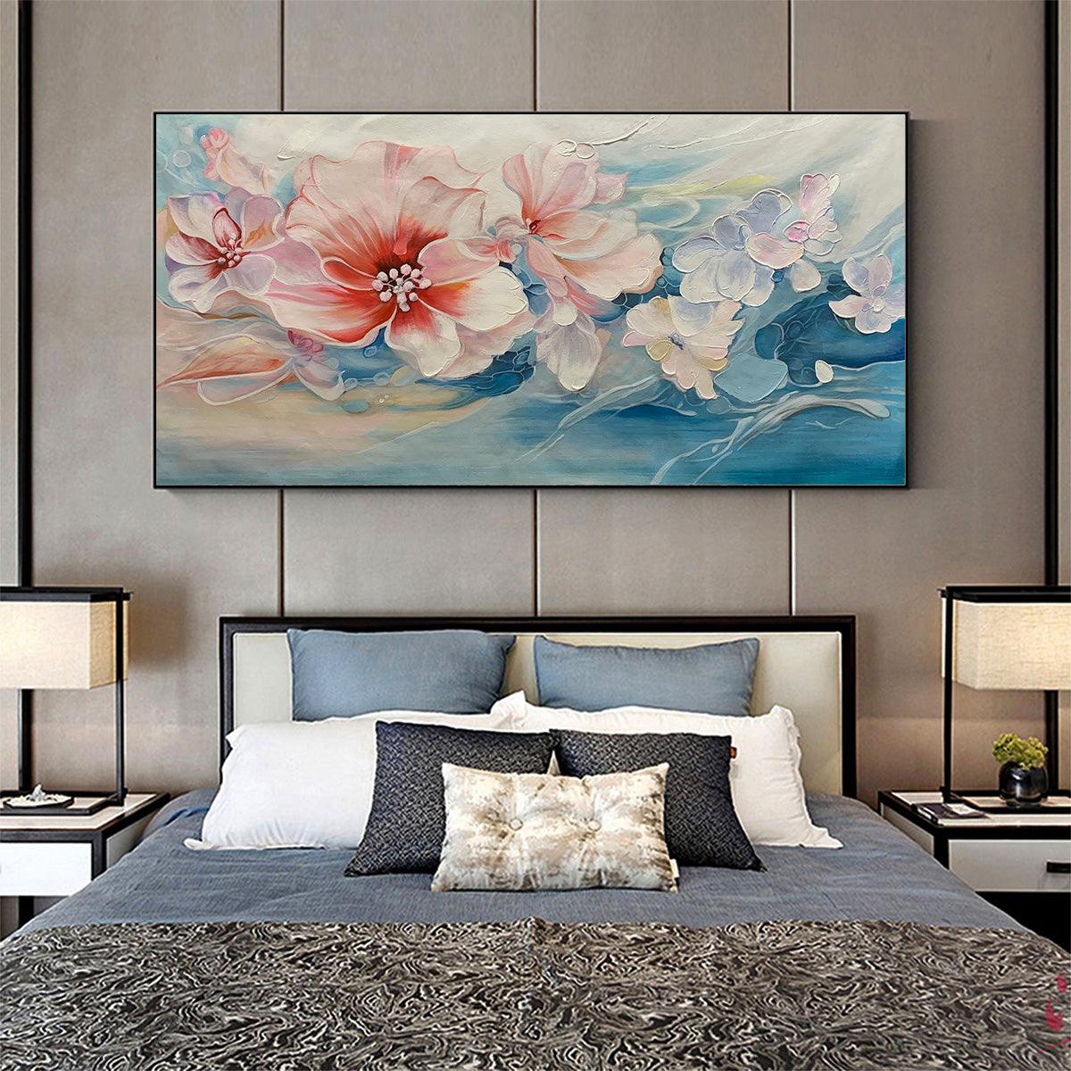 BLUSHING BLOOMS: Panoramic Floral Painting in Pink and Blue, Modern Impressionist Wall Art