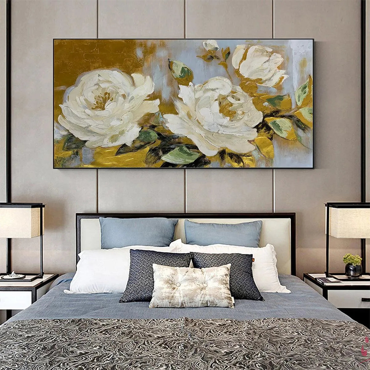 GOLDEN WHISPERS: White Floral Painting with Gold Accents, Panoramic Canvas, Elegant Wall Art for Living Room or Bedroom