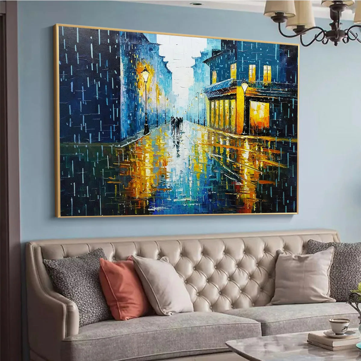 RAINY NIGHT IN PARIS: Textured Cityscape Painting, Rainy Street Scene, Blue, Living Room, Dining Room, Office