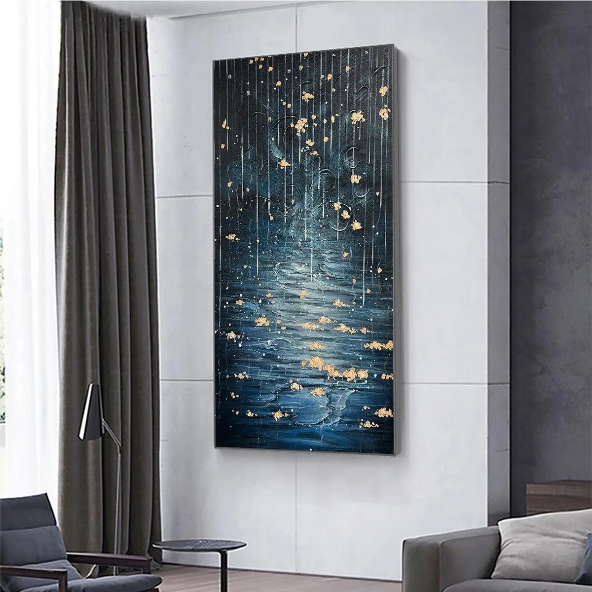 GOLDEN FALLS: Abstract Waterfall Painting, Blue and Gold, Vertical Canvas, Modern Wall Art