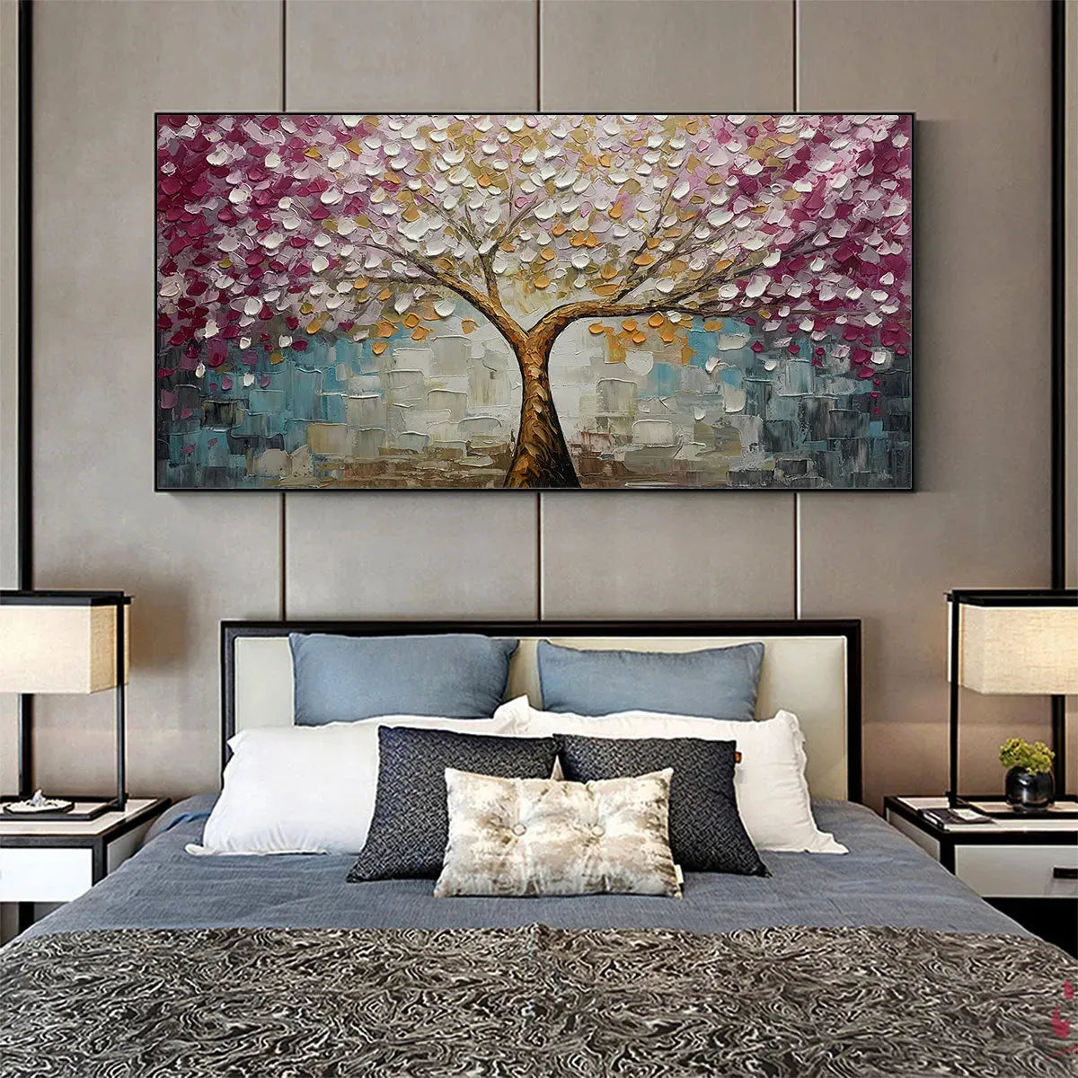 CHERRY BLOSSOM DREAM: Panoramic Textured Impasto Painting of a Cherry Blossom Tree, Modern Wall Art, Pink and Gold