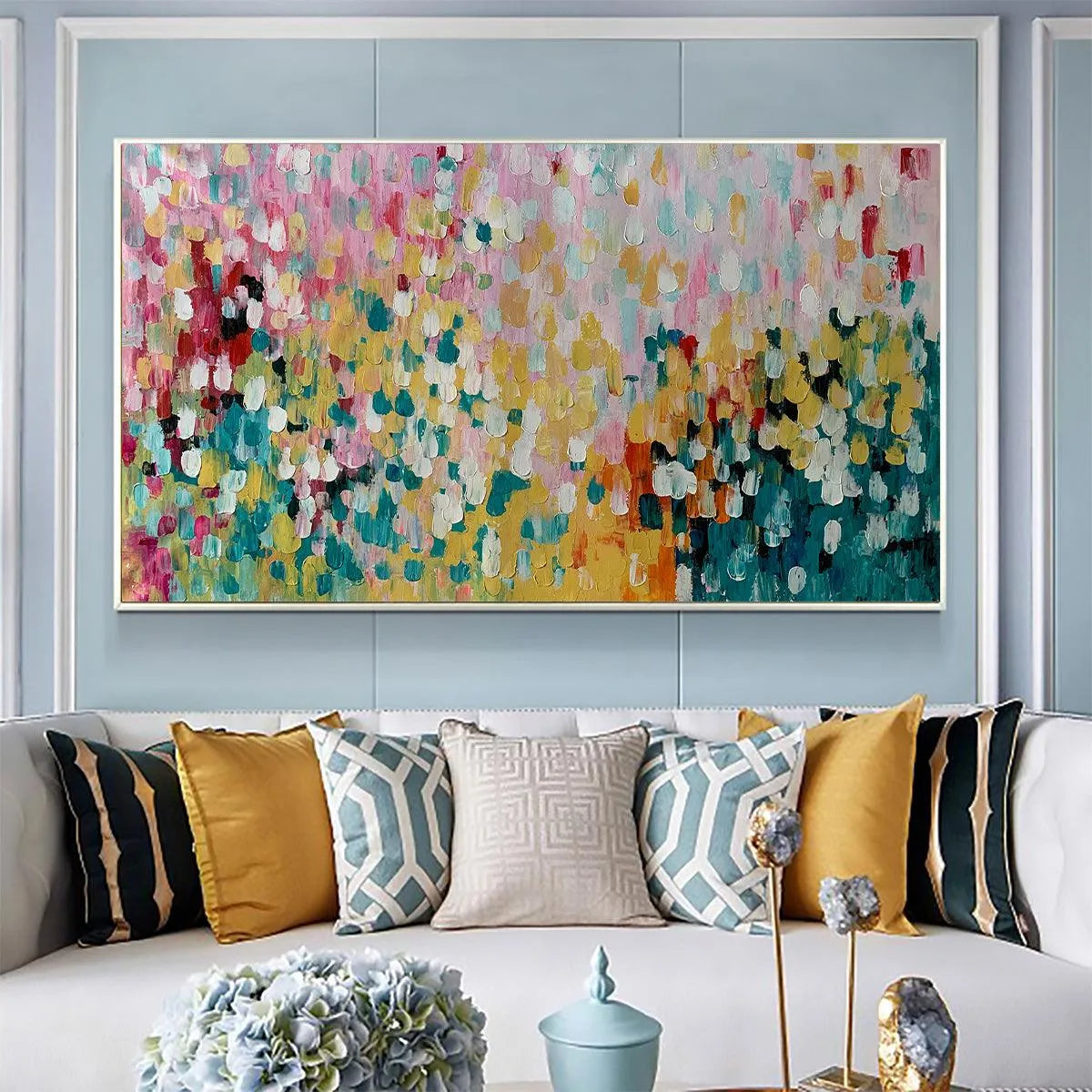 CONFETTI GARDEN: Abstract Floral Painting in Pink, Yellow, and Teal, Panoramic Canvas, Modern Wall Art