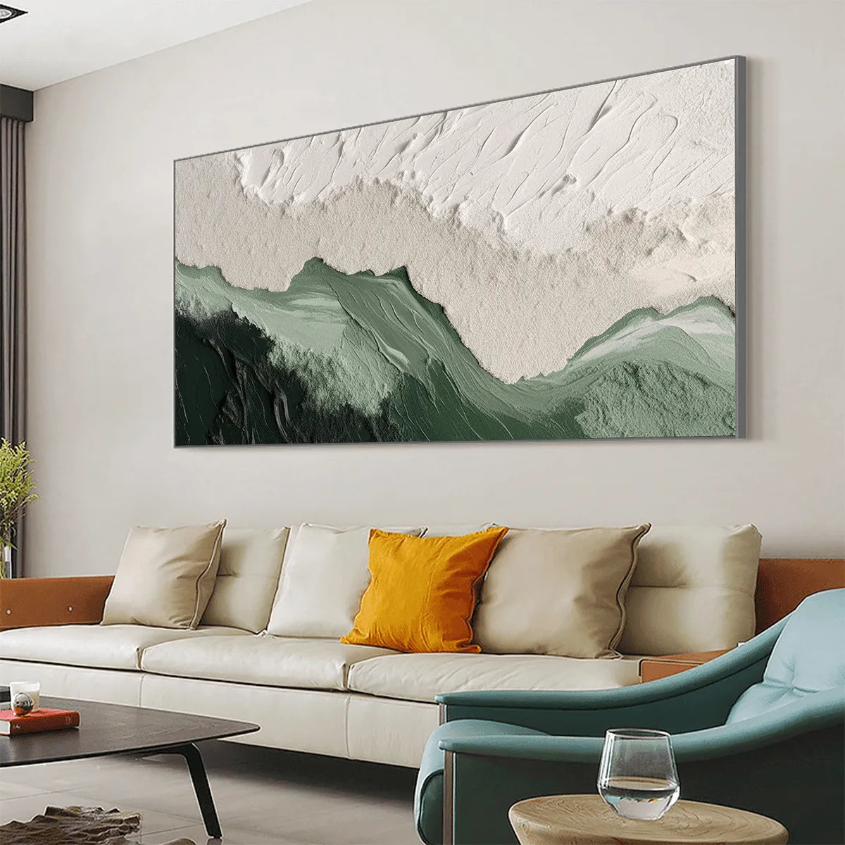 SAGE RIVER: Green and White Abstract Landscape Impasto Painting for Living Room