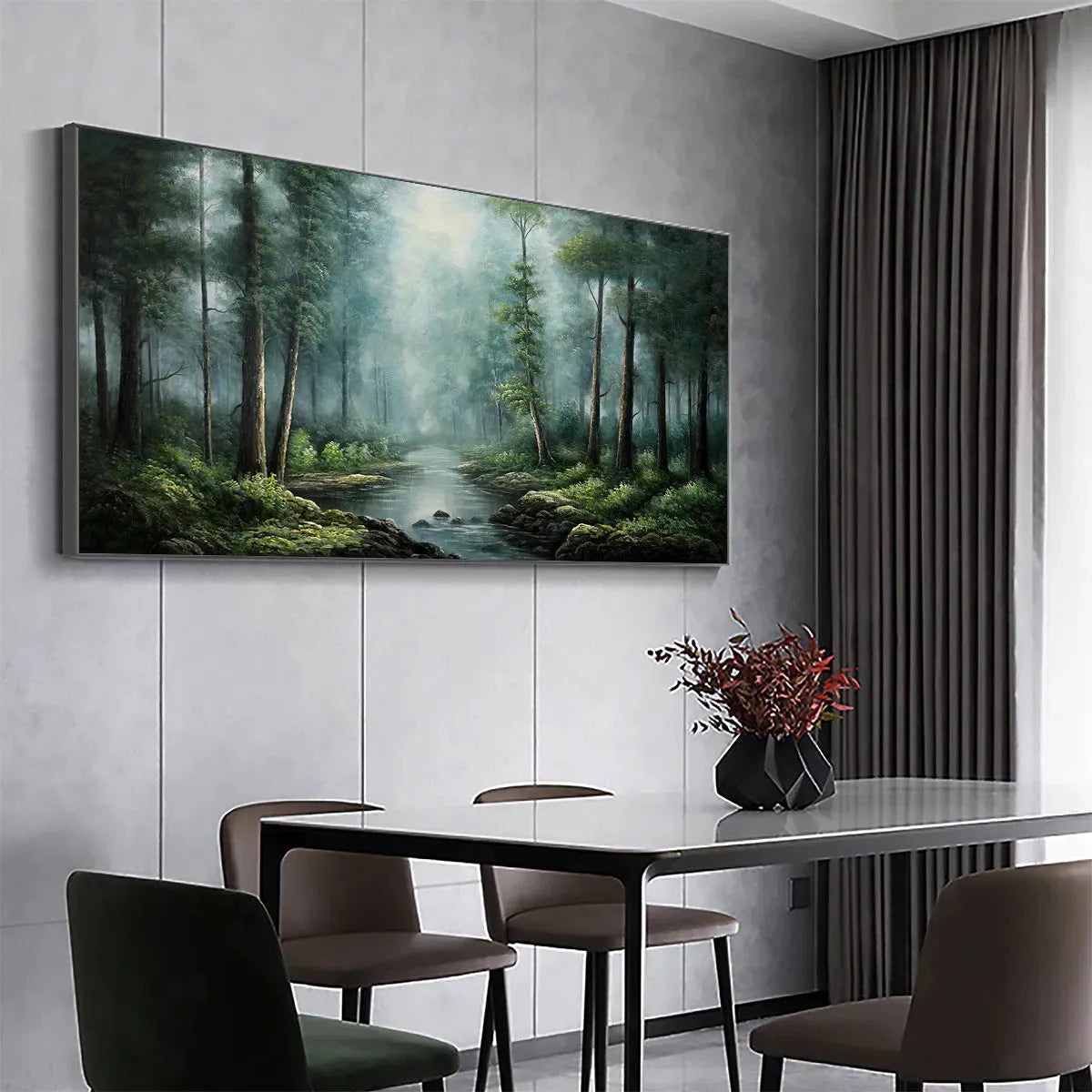 FOREST PATH: Panoramic Forest Painting with Stream, Misty Landscape, Canvas Wall Art