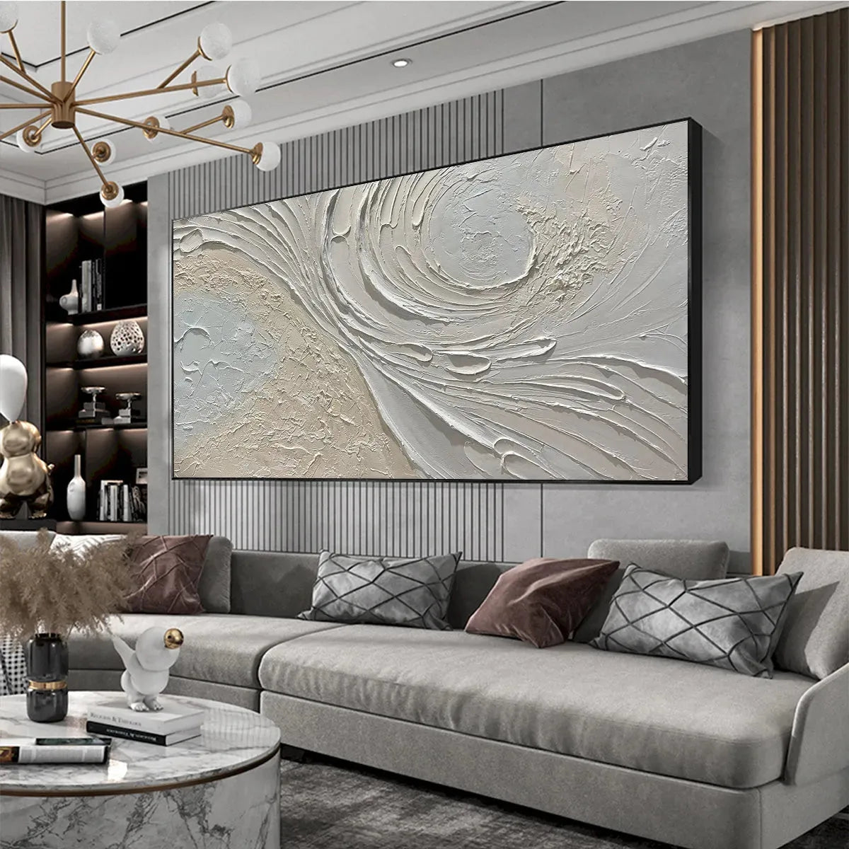 WHISPERS OF THE WIND: Panoramic Textured Abstract Painting in Neutral Tones, Modern Wall Art, Beige and Grey