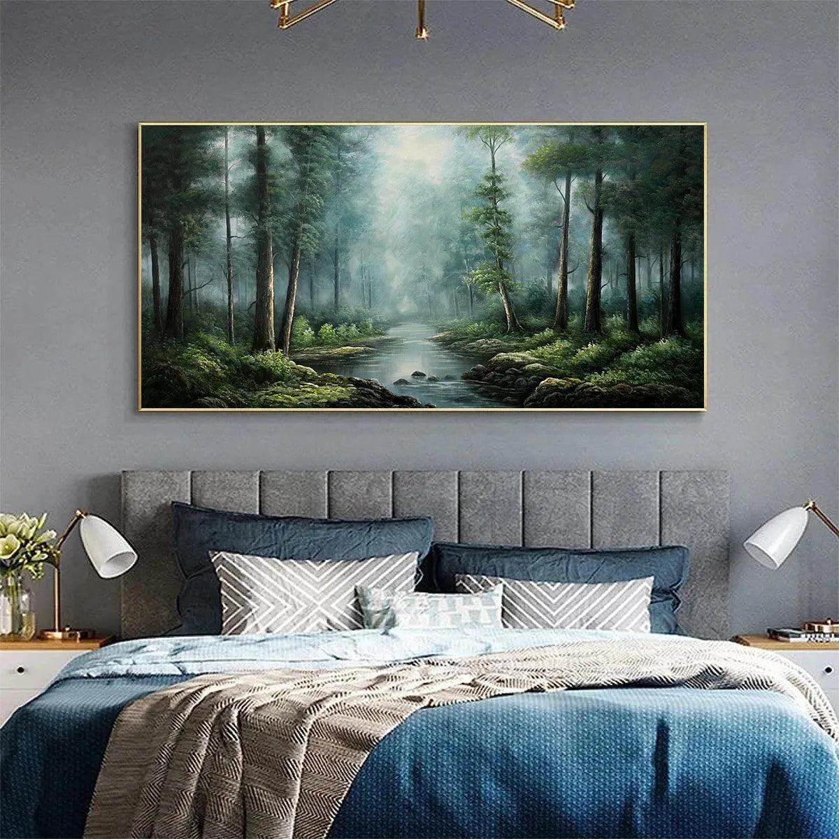 FOREST PATH: Panoramic Forest Painting with Stream, Misty Landscape, Canvas Wall Art