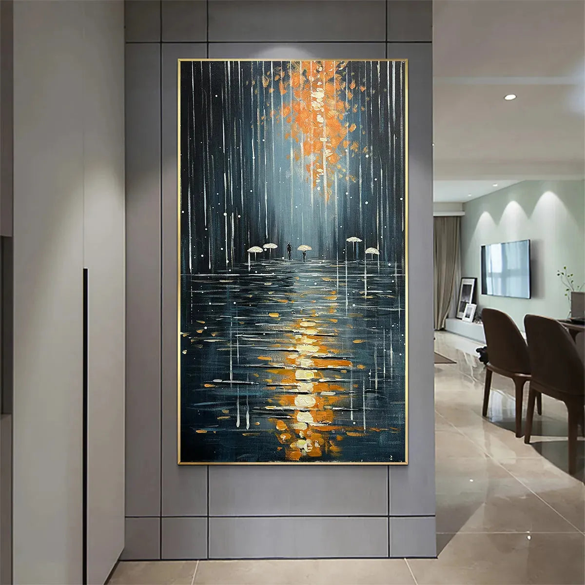 RAINY DAY REFLECTIONS: Vertical Painting of a Rainy City Street, Minimalist Figures, Modern Wall Art, Blue and Gold