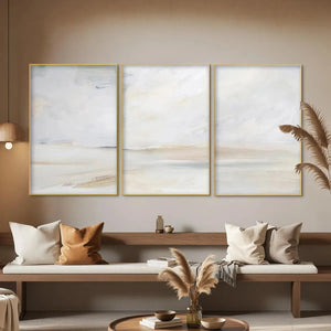 Abstract Beach Triptych, minimalist beach painting set of 3. Liam O'Connell artwork with gold frames and neutral colors