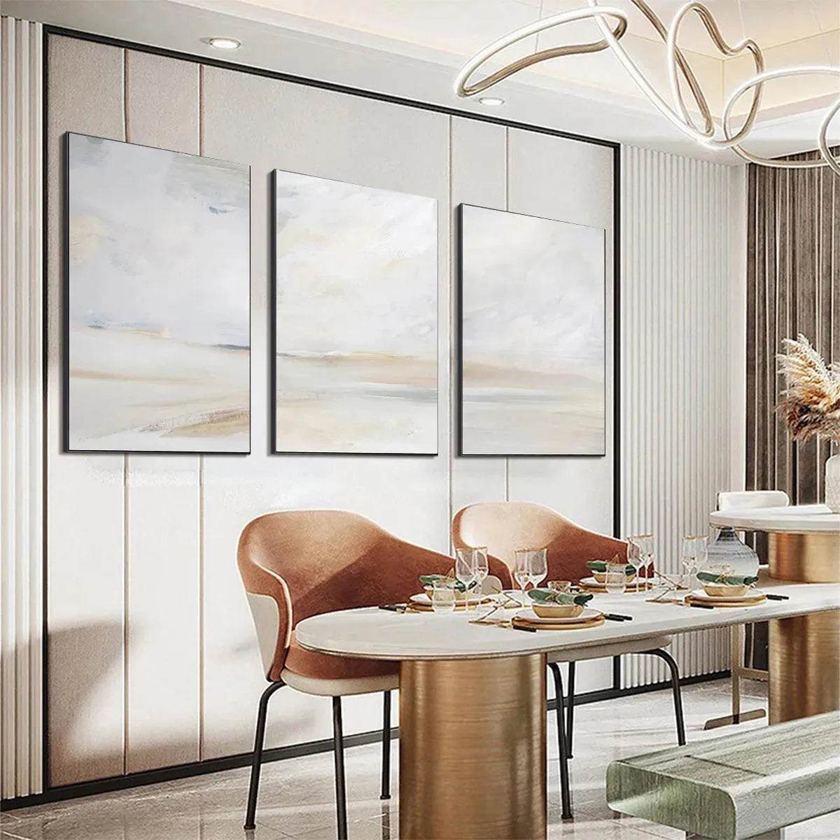 Abstract Beach Triptych, minimalist beach painting set of 3. Liam O'Connell artwork with gold frames and neutral colors