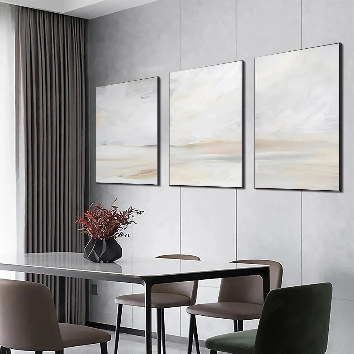 Abstract Beach Triptych, minimalist beach painting set of 3. Liam O'Connell artwork with gold frames and neutral colors